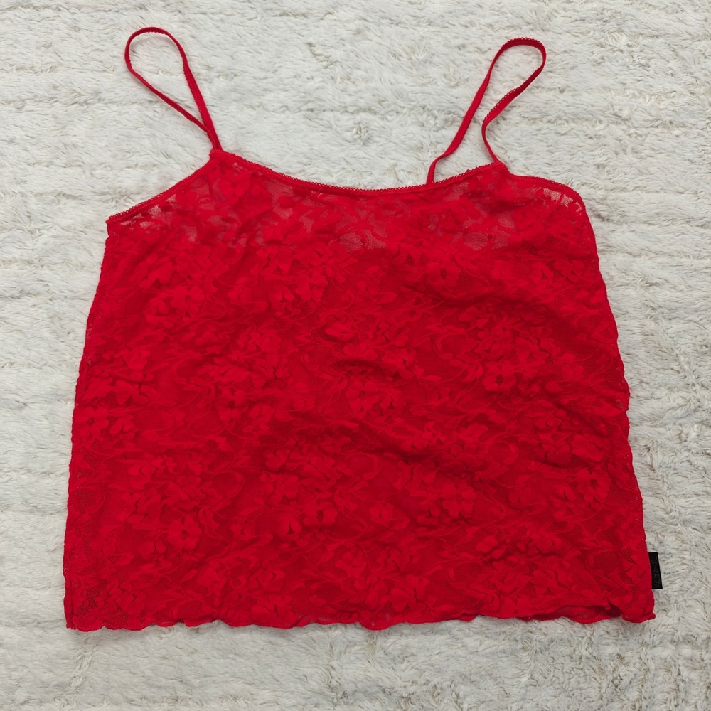 DKNY Red‎ Lace Cami Tank Top Semi Sheer Romantic Feminine Lingerie Y2K Stretch